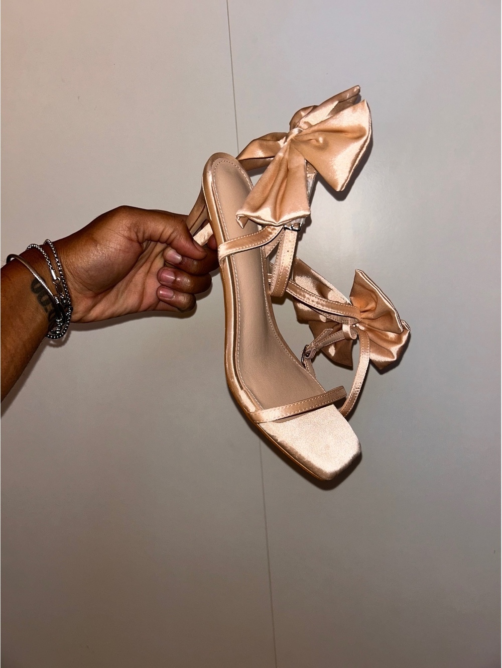 Elegant Satin Bow Strap Women's Heels in Nude